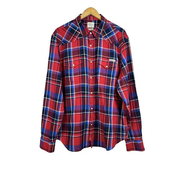 Lucky Brand Mens Medium Red Plaid Pearl Snap Button Front Western Shirt Size XL - Picture 1 of 13